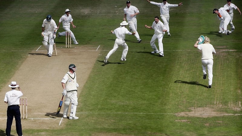 Stephen Harmison of England claims the wicket of Michael Kasprowicz of Australia, caught by Geraint Jones, to give England victory in the second Ashes Test in 2005. Photo: Hamish Blair/Getty Images