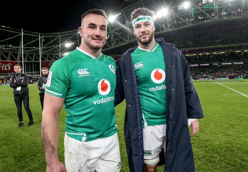 Ireland’s Ronan Kelleher and Caelan Doris after the Six Nations game against Scotland at the Aviva Stadium in which they made their debuts in February 2020. Photograph: Dan Sheridan/Inpho