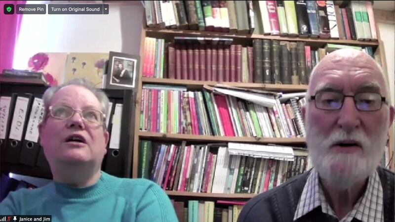 Janice and Jim Dobbie from Athlone tuning in to Tea Dance Tunes via Zoom.