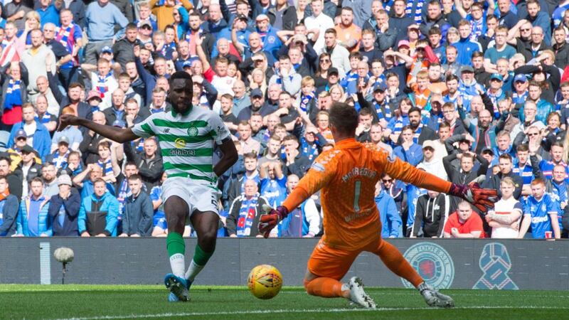 Odsonne Edouard opens the scoring for Celtic at Ibrox. Photograph: Ian Rutherford/PA