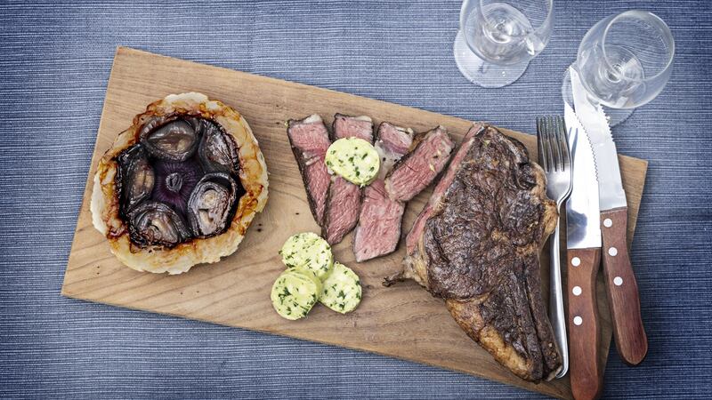 Reverse-sear côte de boeuf, red onion tarte Tatin, horseradish butter. Photographs: Harry Weir
