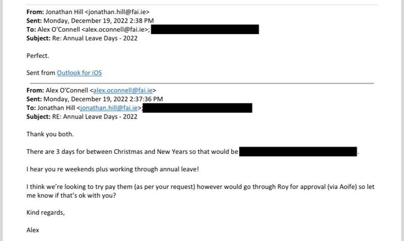 An email exchange between then-Ireland chief executive Jonathan Hill and finance director Alex O'Connell