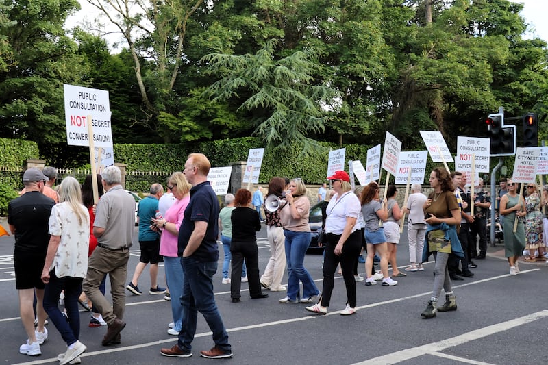 Saggart locals staged a protest in June against the sale of the Citywest Hotel to the Government for €148 million for use as a permanent asylum centre. Photograph: Ronan McGreevy/ The Irish Times
