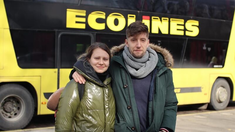 Mr Flanagan and Ms Farbun pictured after arriving in Poland
