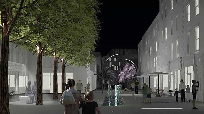 The plans propose the creation of a pedestrian plaza between Strand Street and the quays, with a water feature outside the Woollen Mills cafe. Image: dhb Architects