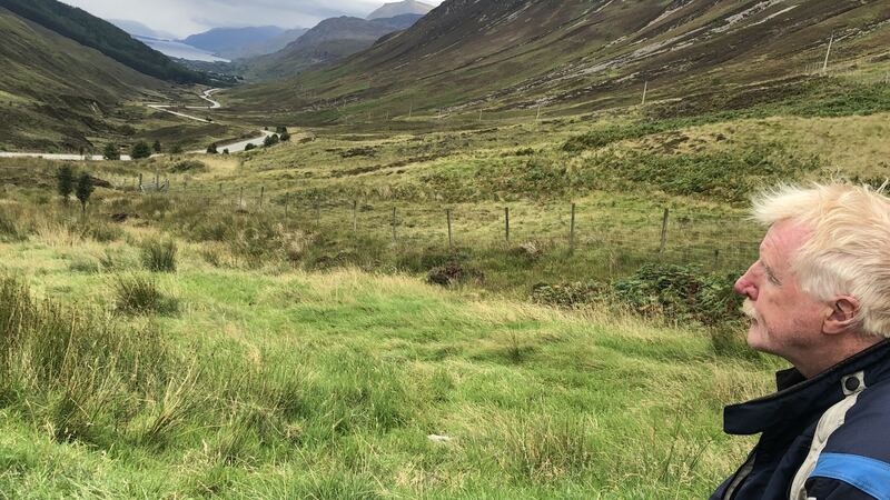 Peter Murtagh’s travelling companion Geoff Hill looking down Glen Docherty. Photograph: Peter Murtagh