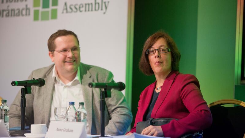 Brian Caulfield (TCD)  and Anne Graham, CEO, National Transport Authority at the Citizens’ Assembly at the Grand Hotel Malahide, Photograph: Tom Honan