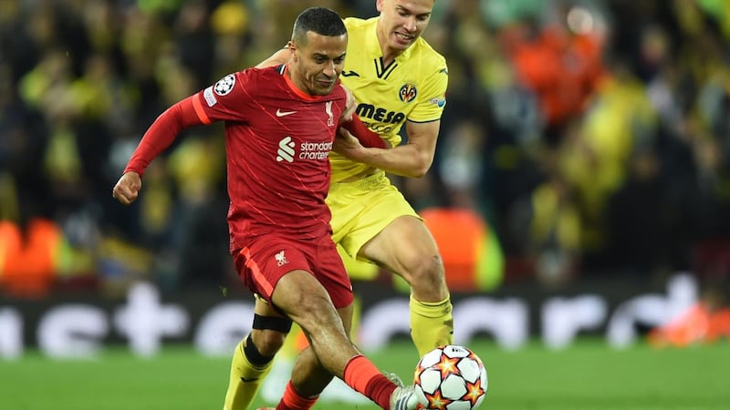 Thiago battles against Juan Foyth in the Champons League. Photograph: Peter Powell/EPA