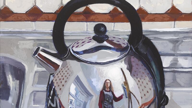 Una Sealy, Self portrait, new studio kettle, oil on canvas.