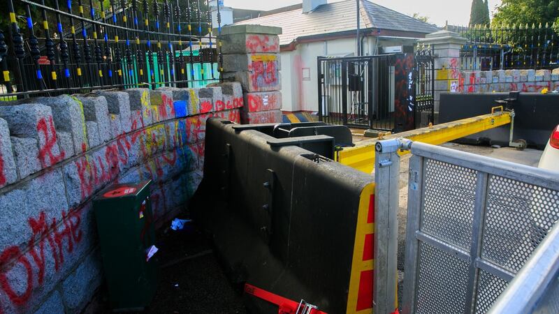 Crash barriers at the Russian embassy on Orwell Road: One local  says  the proposed renaming is “rubbish”.  Photograph: Gareth Chaney/Collins