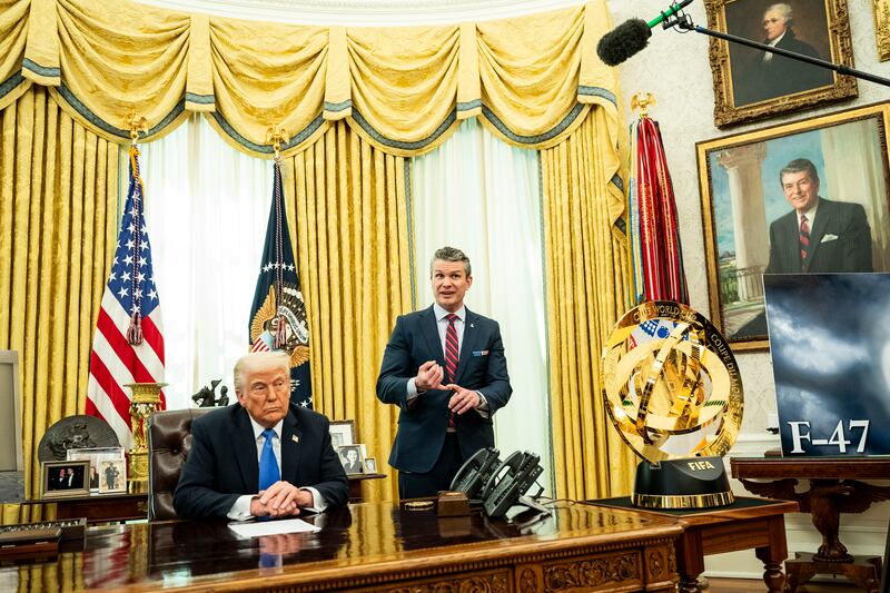 President Donald Trump delivers remarks alongside secretary of defence Pete Hegseth in the Oval Office on March 21st, 2025. Photograph: Haiyun Jiang/The New York Times