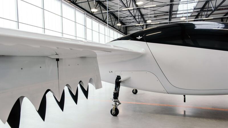 The Lilium prototype flying taxi in a hangar in Wessling, Germany on Oct. 10, 2019. The wings on the Lilium jet rotate so it can take off and land like a helicopter. (Felix Schmitt/The New York Times)