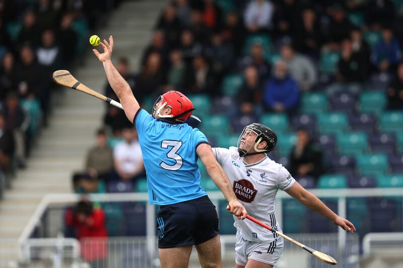Dublin's Paddy Smyth and Cathal McCabe compete for the sliotar. Photograph: Bryan Keane/Inpho