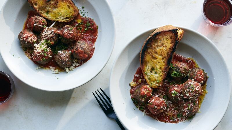 Meatless meatballs in tomato sauce. Photograph: David Malosh/The New York Times