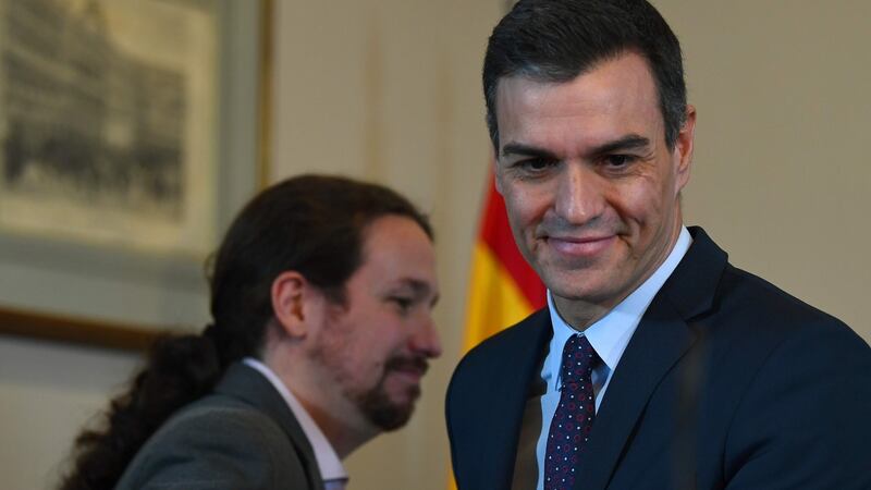 Podemos’s Pablo Iglesias and incumbent prime minister Pedro Sanchez: the two will have a difficult job to persuade smaller groups, including radical Basque and Catalan nationalists, to let them form a government. Photograph: Gabriel Bouys