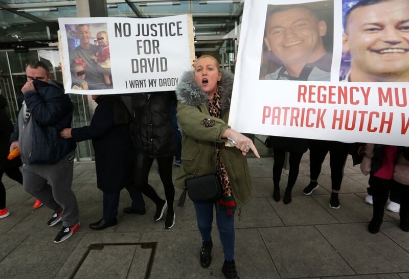 A woman who identified herself as David Byrne’s sister leaves the Special Criminal Court after the State dropped the charges against Patrick Hutch, who was accused of Byrne’s murder at the Regency Hotel in February 2016. Photograph: Laura Hutton