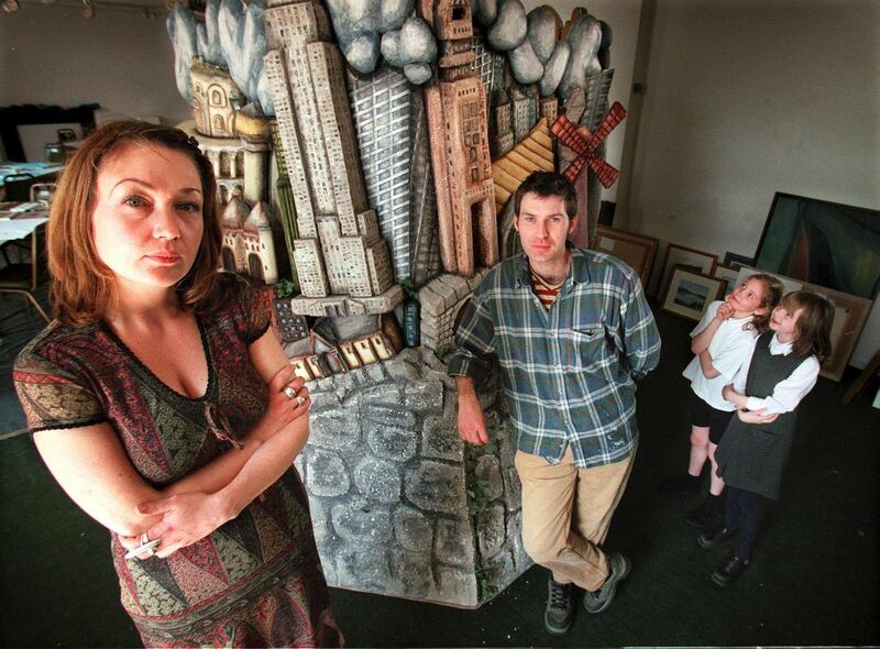 Sally Rooney (far right) and Ellen Cahill with the artists Genevieve Murphy and John Kelly at Linenhall Arts Centre in 2000. Photograph: Dara Mac Dónaill