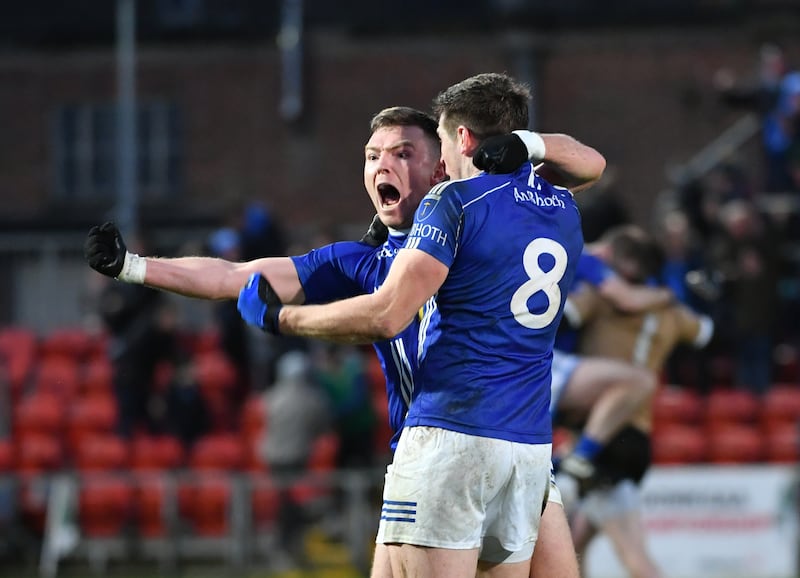 Conor McCarthy and Darren Hughes of Scotstown celebrate at the final whistle after beating Kilcoo. Photograph: Andrew Paton/Inpho