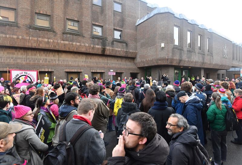 Supporters of the Stansted 15 outside the court Photograph: John Stillwell/PA Wire