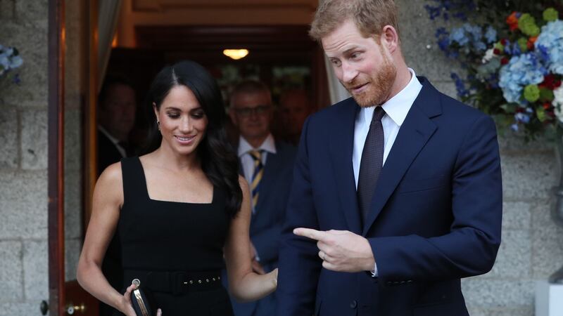 Prince Harry and Meghan Markle at the British ambassador’s residence at Glencairn House in Dublin. Photograph: Brian Lawless/AFP/Getty Images