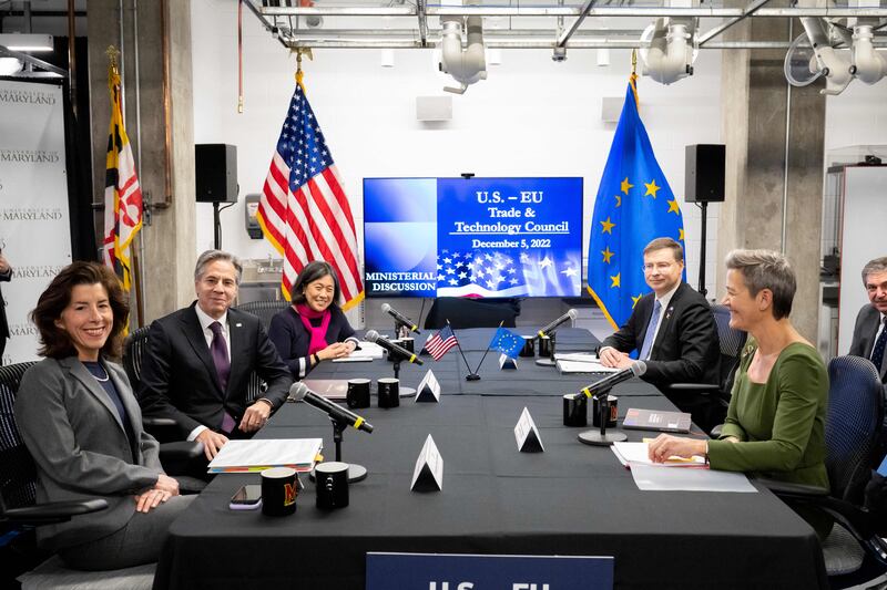 US secretary of commerce Gina Raimondo, US secretary of state Antony Blinken, and US trade representative Katherine Tai meet European Commission executive vice-president Valdis Dombrovskis and European Commission executive vice-president Margrethe Vestager at the University of Maryland in College Park, December 5th, 2022. Photograph: Saul Loeb/AFP via Getty