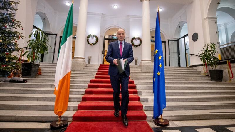 Taoiseach Micheál Martin arriving to address the nation at Government Buildings, Dublin on Wednesday. Photograph: Julien Behal Photography/Handout