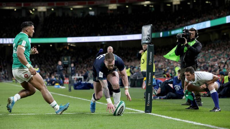 Scotland fullback Stuart Hogg  fumbles the ball as he attempted to touch down during the Six Nations match against Ireland at the Aviva stadium. Photograph:  Paul Faith/AFP via Getty Images