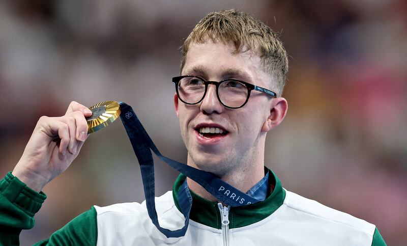 Daniel Wiffen celebrates with his gold medal. Photograph: James Crombie/Inpho 