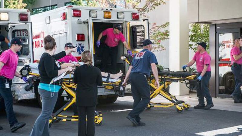 A patient is wheeled into the emergency room at Mercy Medical Center in Roseburg, Oregon, following a deadly shooting at Umpqua Community College, in Roseburg, Thursday, October 1st, 2015. Photograph: Roseburg News