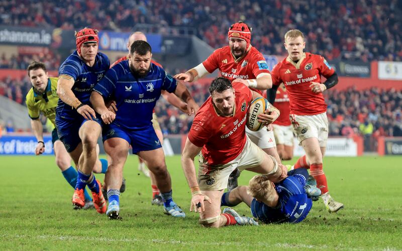 Munster’s Tom Ahern scoring a try against Leinster in Thomond Park on December 27th, 2024. Photograph: Dan Sheridan/Inpho