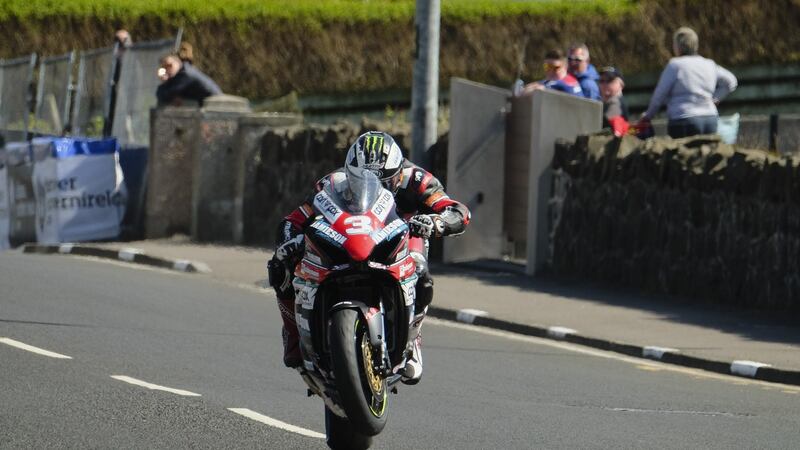 Michael Dunlop struggles to control his Suzuki during the Superstock practice session at last year’s North West 200. Photo: Nigel Cooke/Action Plus via Getty Images