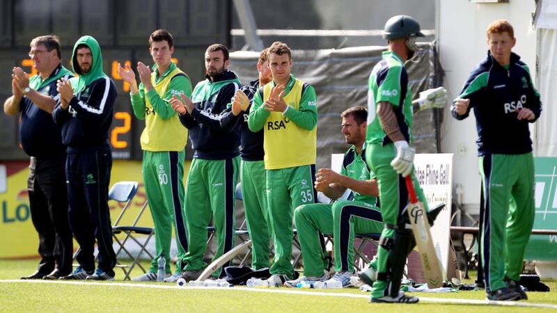 Ireland’s John Mooney is given a standing ovation after reaching 96 runs in Malahide. Photograph: Ryan Byrne / Inpho