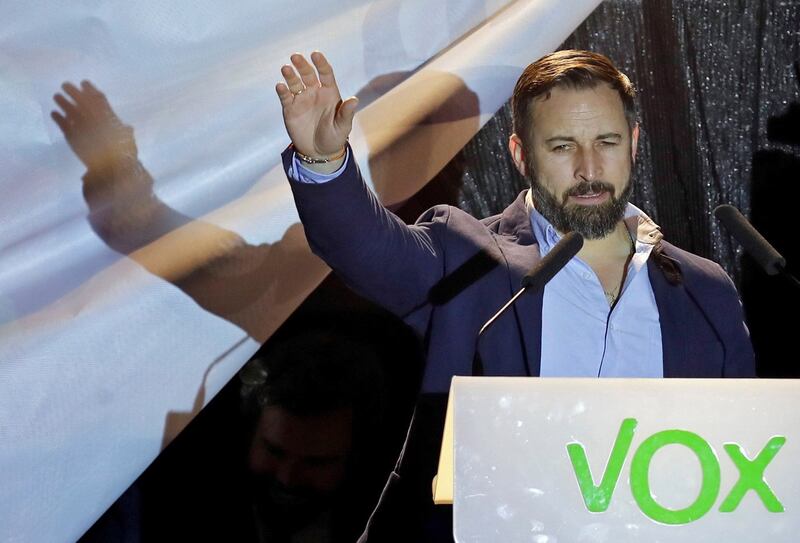 Santiago Abascal, leader of right-wing party Vox, addresses supporters after the polls closed for the  election in Madrid on Sunday. Photograph: Juan Carlos Hidalgo/EPA