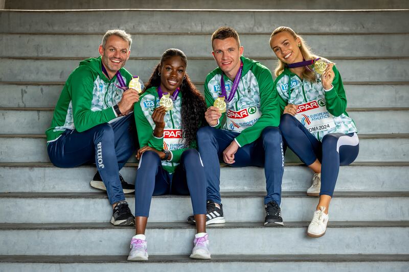 Ireland’s Chris O’Donnell, Rhasidat Adeleke, Tom Barr and Sharlene Mawdsley with their gold medals in the Mixed 4x400m Relay. Photograph: Morgan Treacy/Inpho