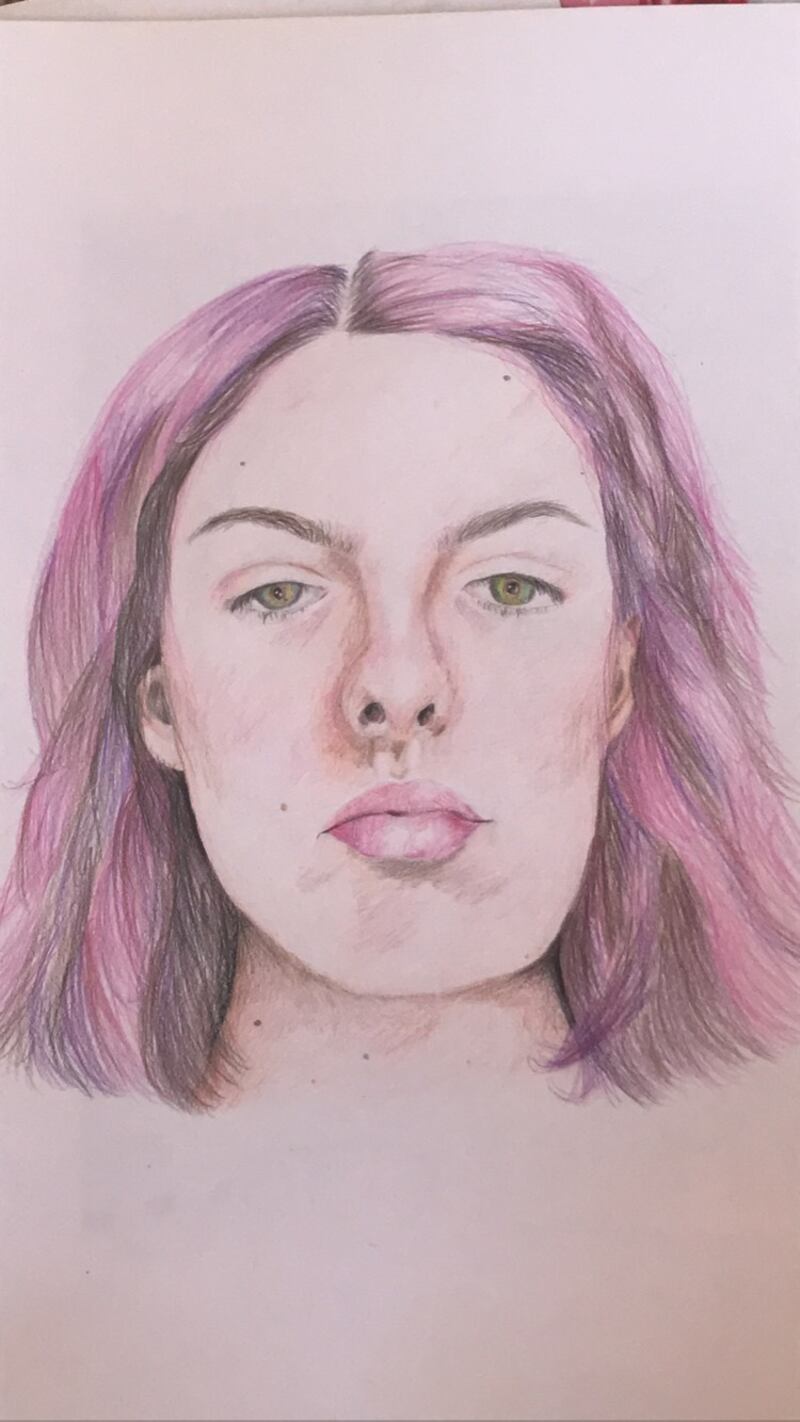 Katie Ryan, aged 16.
'My picture is a self portrait in coloured pencil of when I dyed my hair pink during quarantine.    Unnatural hair colours aren’t allowed in my school so I felt the process of dyeing my hair and then drawing it very empowering.  Being in isolation has really allowed me to express and discover my own style and learn more about myself as a person.'