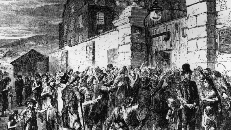 Starving peasants clamour at the gates of a workhouse during the Irish potato Famine. Photograph: Hulton Archive/Getty Images