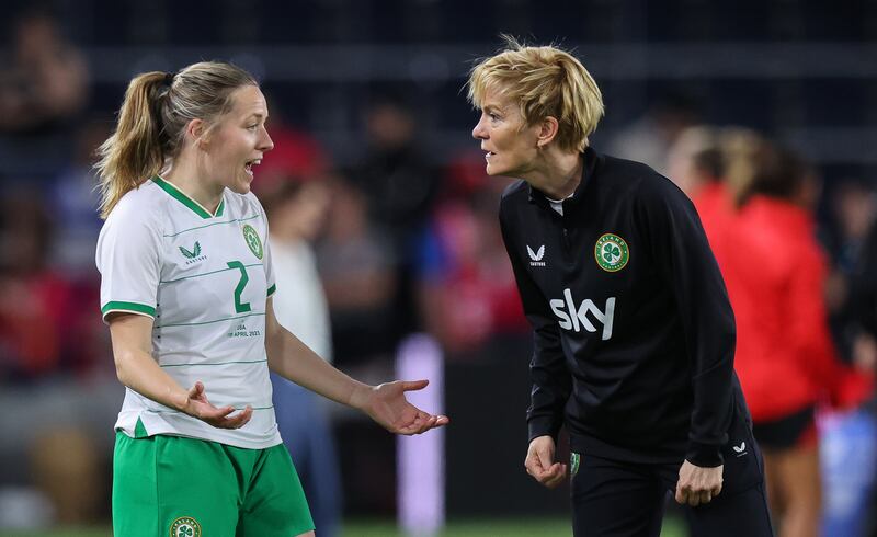 Harriet Scott with Ireland manager Vera Pauw: 'I just feel blessed that I was able to combine for so long two parts of my life that I love so much. Photograph: Ryan Byrne/INPHO