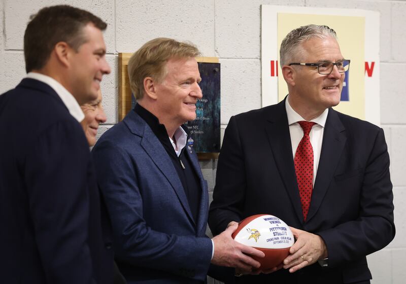 At Croke Park on Sunday for the Pittsburgh Steelers vs Minnesota Vikings game were (from left), Daniel Rooney and Art Rooney II (Steelers), Roger Goodell (NFL) and GAA president Jarlath Burns. Photograph: James Crombie/Inpho