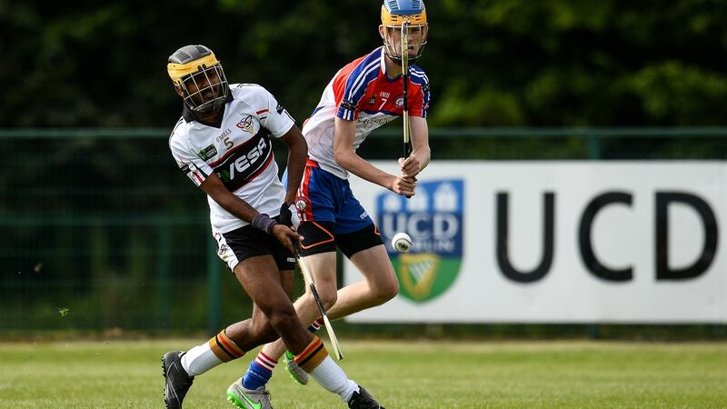 James Breen of New York in action against Pradeep Pujar of Germany during the  GAA World Games. Photograph: Sam Barnes/Sportsfile