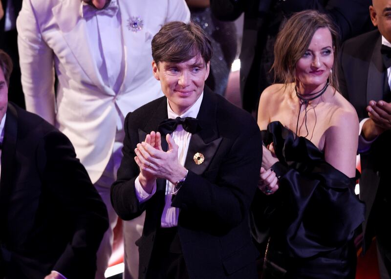 Cillian Murphy and Yvonne McGuinness in the auditorium at the Oscars before the start of the ceremony. Photograph: Rich Polk/Variety via Getty Images