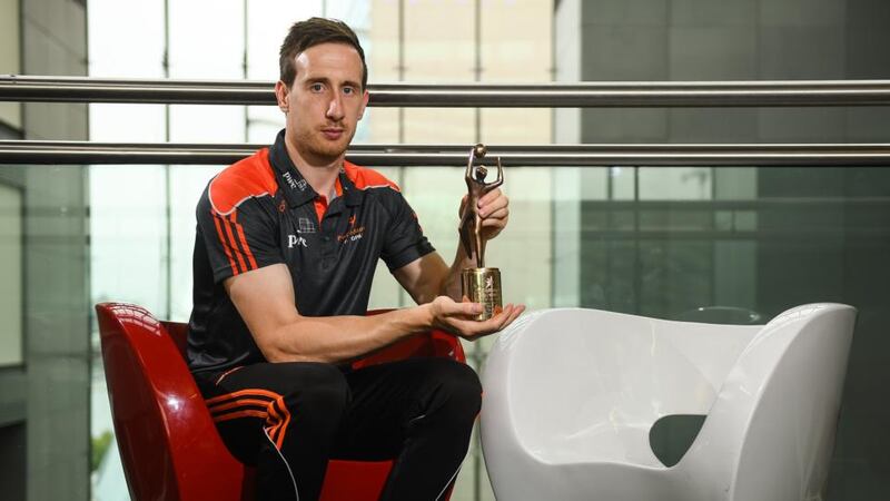 Colm Cavanagh of Tyrone getting his GAA/GPA Player of the Month for August. Photograph: Sam Barnes/Sportsfile