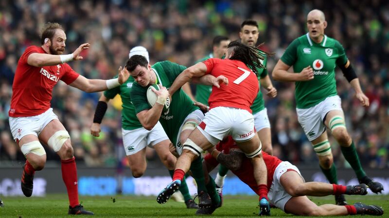 Ireland’s James Ryan in action with Wales’ Alun Wyn Jones and Josh Navidi during Saturday’s game. Photograph: Clodagh Kilcoyne/Reuters