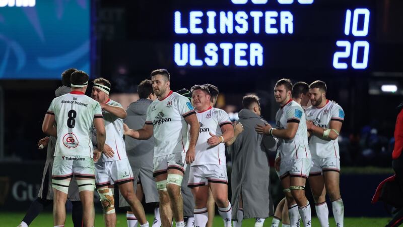 Ulster players celebrate at the end of the game. Photo: Bryan Keane/Inpho