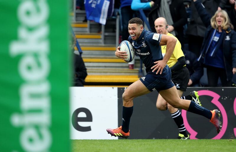 Leinster’s Adam Byrne runs in a try during the  Heineken Champions Cup, round five clash with Toulouse at RDS, Dublin on Janaury 12th Photograph: Dan Sheridan/Inpho