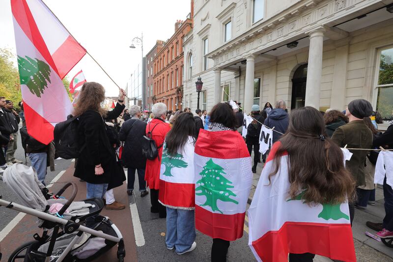 Rasha Shraim calling for an end to killing in Gaza and Lebanon outside Department of Foreign Affairs in Dublin. Photograph: Alan Betson