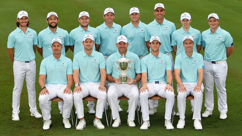 Team Europe (front row left to right): Henrik Stenson, Bernd Wiesberger, Thomas Bjorn, Captain of Team Europe, Thomas Pieters and Ross Fisher. (Back row left to right): Tommy Fleetwood, Alex Levy, Tyrrell Hatton, Paul Casey, Alex Noren, Rafa Cabrera Bello, Matt Fitzpatrick and Paul Dunne. Photo: Stuart Franklin/Getty Images