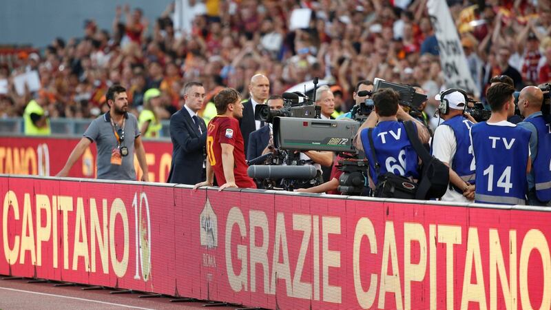 Francesco Totti looks at the Stadio Olimpico crowd after his final Roma game. Photograph: Reuters/Stefano Rellandini