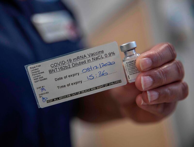 A diluted vial of the vaccine at Royal Free Hospital in London. Photograph: Jack Hill/AFP via Getty