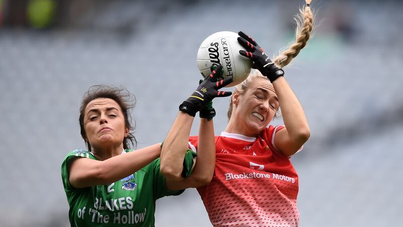 Katie Flood of Louth and Aisling Maguire of Fermanagh battle for possession during the TG4 All-Ireland Ladies Football Junior Championship Final at  Croke Park. Photograph: Stephen McCarthy/Sportsfile