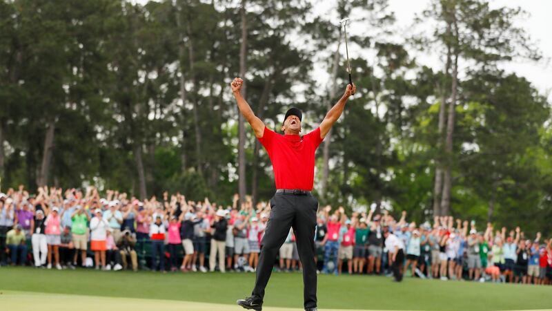 Tiger Woods celebrates his 2019 US Masters victory. Photograph: Kevin C. Cox/Getty